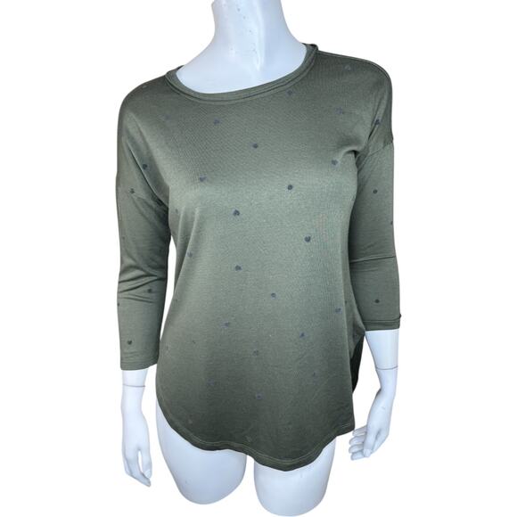 BoBeau Women's 3/4 Sleeve Top XS Heather Olive Green Polka Dot Soft Stretchy - Picture 1 of 12